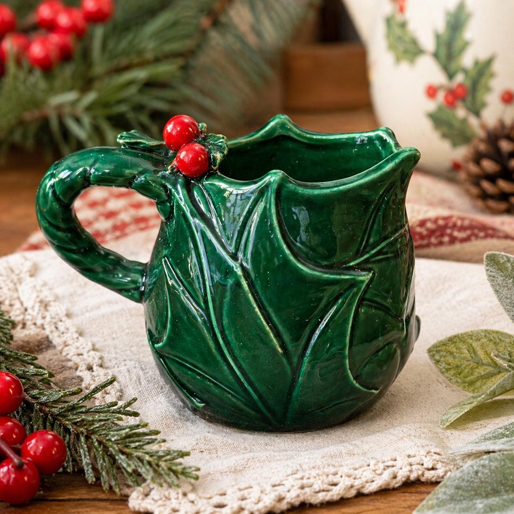 VTG Lefton Holly Berry Creamer Christmas Green Ceramic Japan EUC #4369